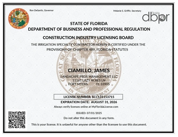 State of Florida - Department of Business and Professional Regulation - Irrigation License